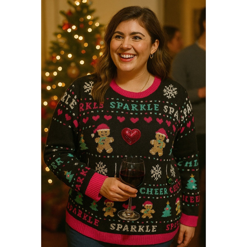 No Boundaries 2XL 20 Gingerbread Men Ugly Christmas Sweater Sparkle Cheer Glam‎